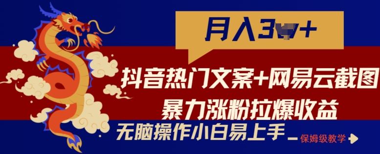 抖音热门文案+网易云截图暴力涨粉拉爆收益玩法，小白无脑操作，简单易上手【揭秘】-柠檬网创